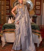 grey woven design zari kanjeevaram silk blend saree