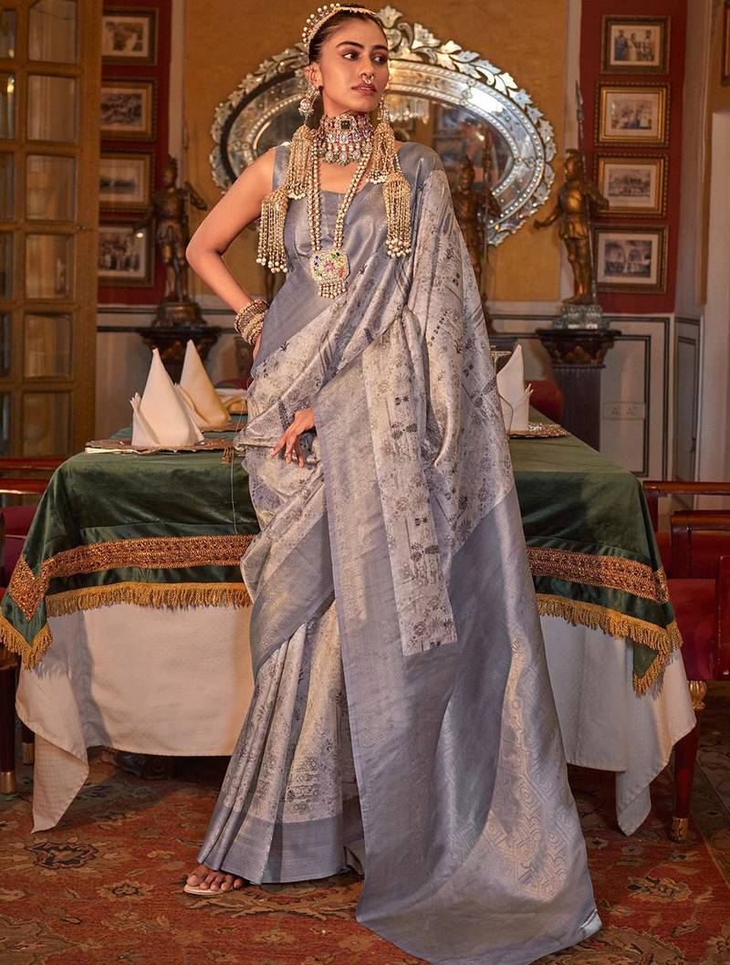 grey woven design zari kanjeevaram silk blend saree