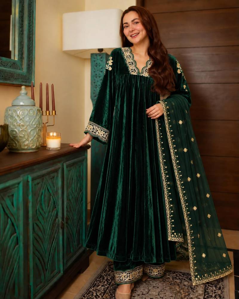 Dark-green velvet embroidered palazzo set