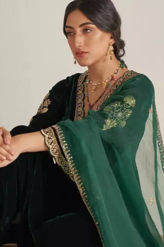 Dark-green velvet embroidered palazzo set
