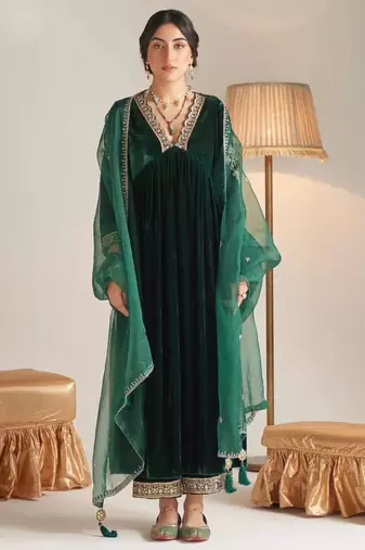 Dark-green velvet embroidered palazzo set