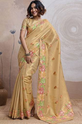 Gold floral embroidered tissue banarasi saree