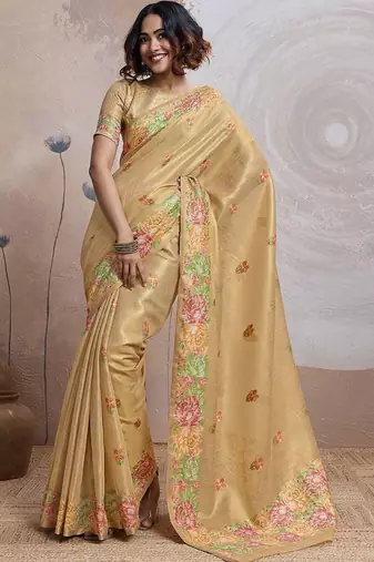 Gold floral embroidered tissue banarasi saree