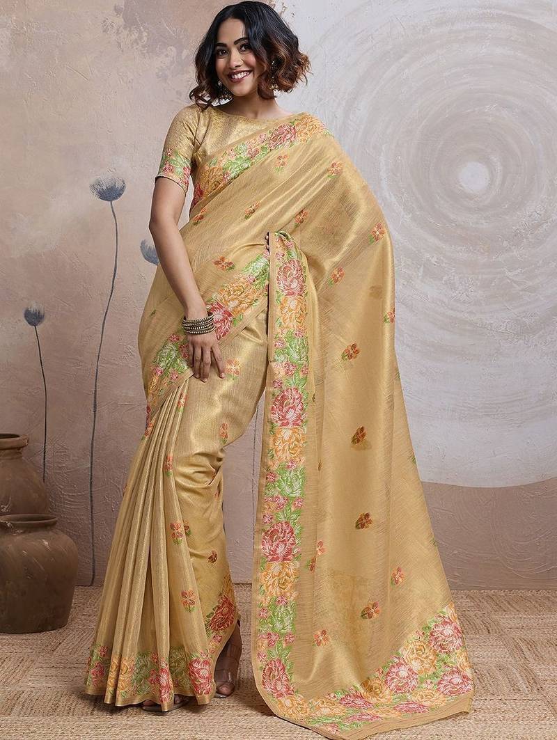 Gold floral embroidered tissue banarasi saree