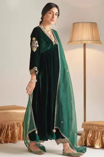 Dark-green velvet embroidered palazzo set