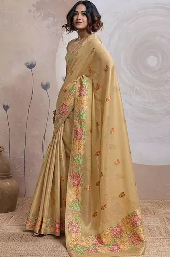 Gold floral embroidered tissue banarasi saree