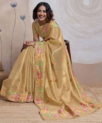 Gold floral embroidered tissue banarasi saree 3