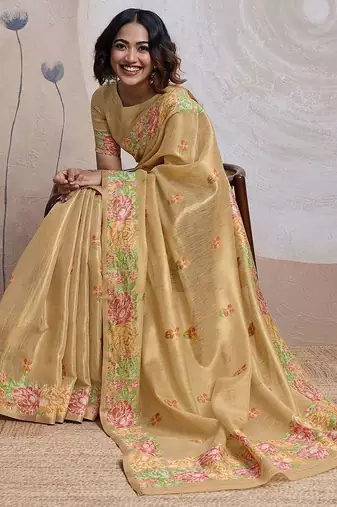 Gold floral embroidered tissue banarasi saree