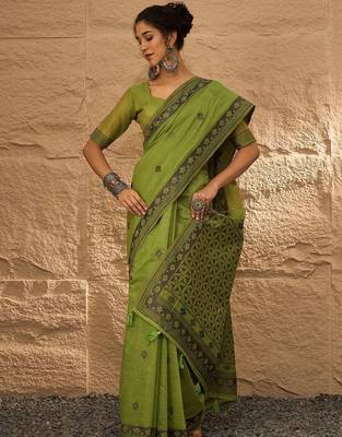 olive ethnic motifs linen khadi saree 1