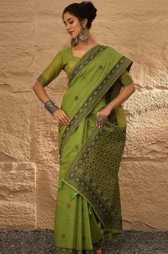 olive ethnic motifs linen khadi saree