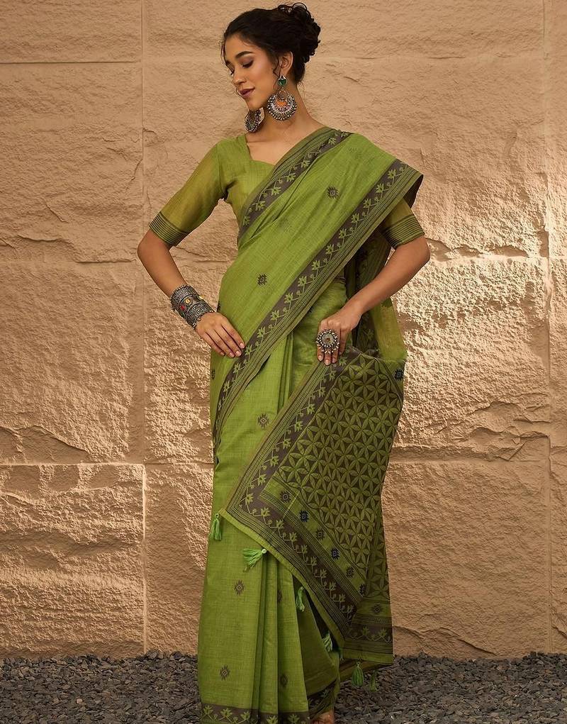 olive ethnic motifs linen khadi saree