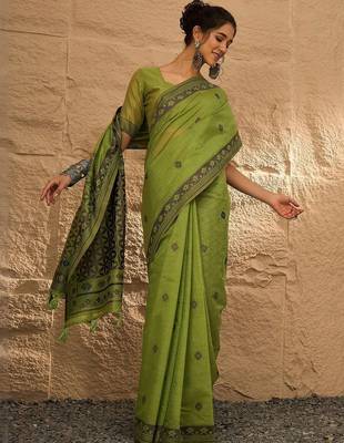 olive ethnic motifs linen khadi saree 3