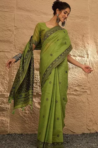 olive ethnic motifs linen khadi saree
