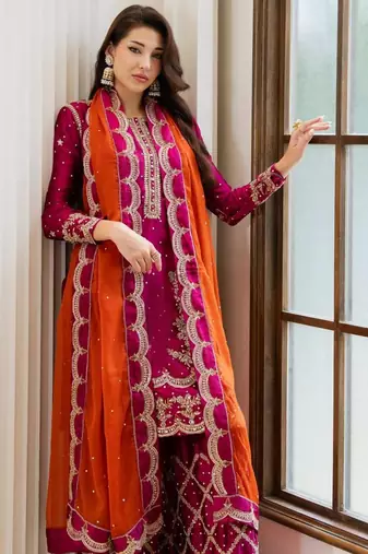 Rani-pink silk blend embroidered palazzo set