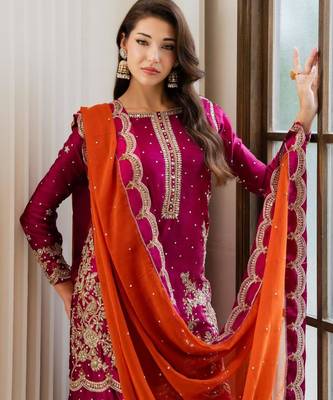 Rani-pink silk blend embroidered palazzo set 2