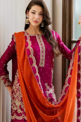 Rani-pink silk blend embroidered palazzo set
