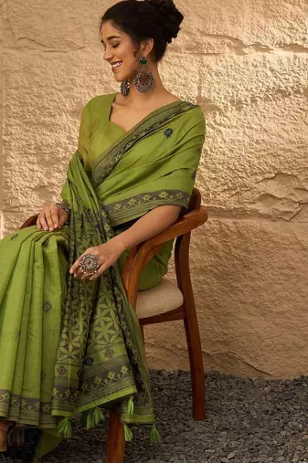 olive ethnic motifs linen khadi saree