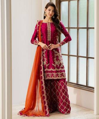 Rani-pink silk blend embroidered palazzo set 3