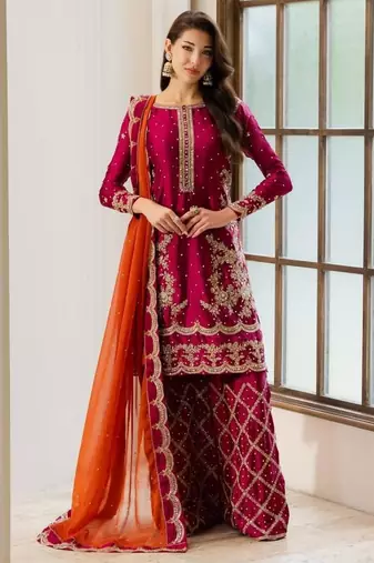 Rani-pink silk blend embroidered palazzo set