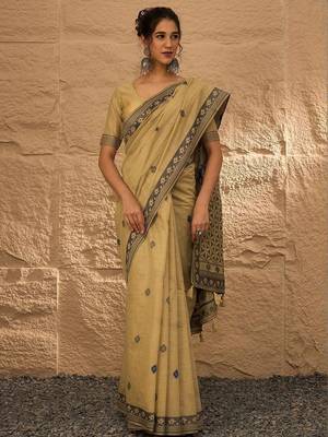 beige ethnic motifs linen khadi saree 1