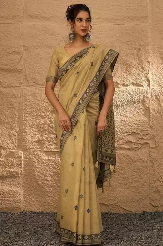 beige ethnic motifs linen khadi saree