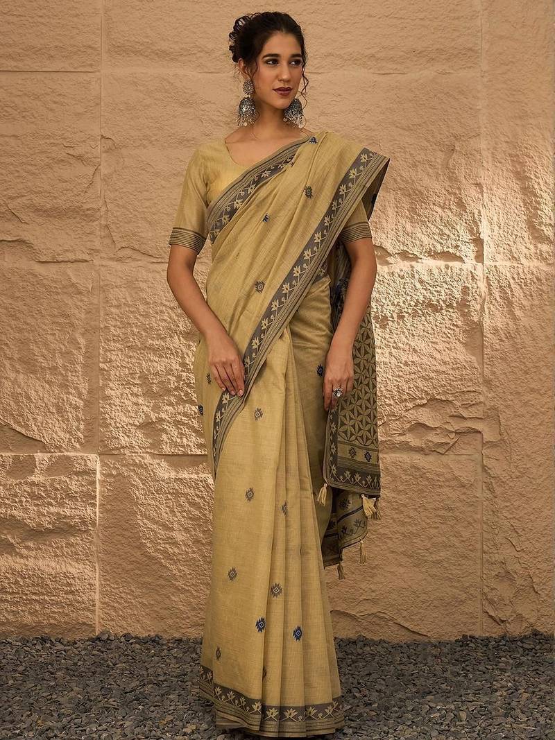 beige ethnic motifs linen khadi saree