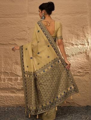beige ethnic motifs linen khadi saree 2