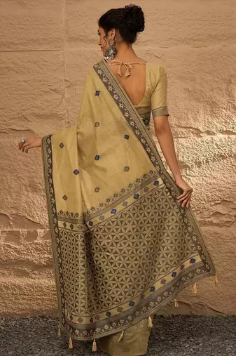 beige ethnic motifs linen khadi saree