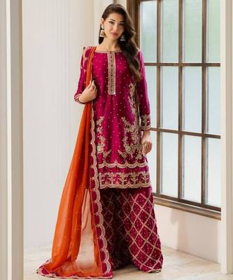 Rani-pink silk blend embroidered palazzo set 4