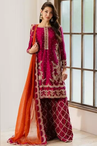 Rani-pink silk blend embroidered palazzo set