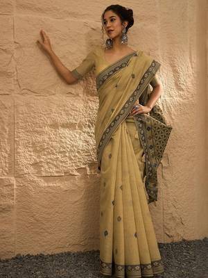 beige ethnic motifs linen khadi saree 3