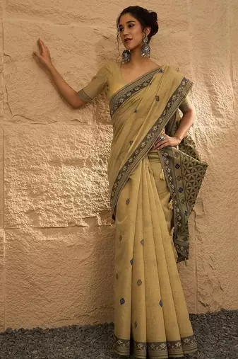 beige ethnic motifs linen khadi saree