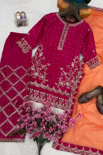 Rani-pink silk blend embroidered palazzo set