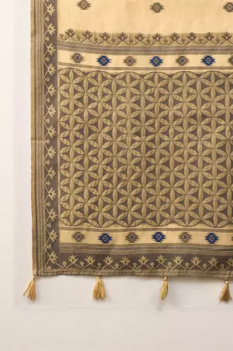 beige ethnic motifs linen khadi saree
