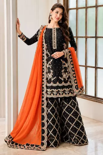 Black silk blend embroidered palazzo set
