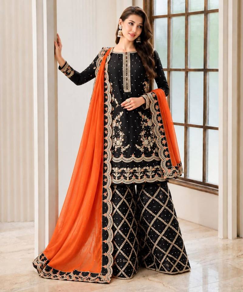 Black silk blend embroidered palazzo set