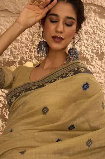 beige ethnic motifs linen khadi saree
