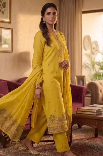Yellow muga cotton jamdani pichwai weaving salwar suit