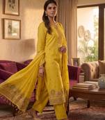 Yellow muga cotton jamdani pichwai weaving salwar suit