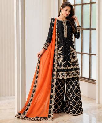 Black silk blend embroidered palazzo set 2