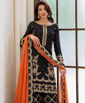 Black silk blend embroidered palazzo set 3