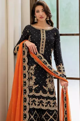 Black silk blend embroidered palazzo set