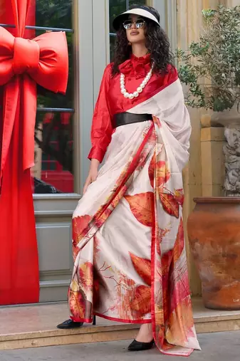 multicolor satin fusion saree