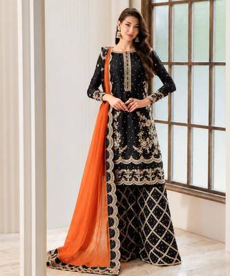 Black silk blend embroidered palazzo set 4