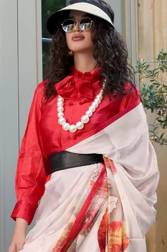 multicolor satin fusion saree