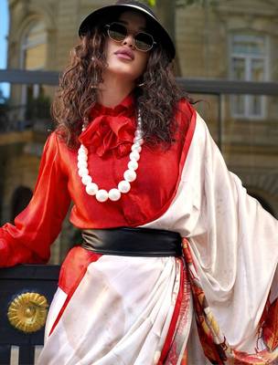 multicolor satin fusion saree 3
