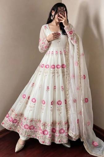 White silk blend embroidered flared gown set