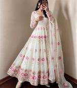 White silk blend embroidered flared gown set