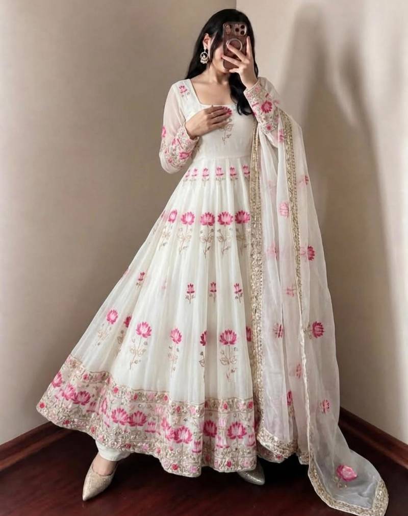White silk blend embroidered flared gown set