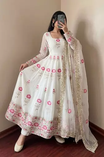 White silk blend embroidered flared gown set